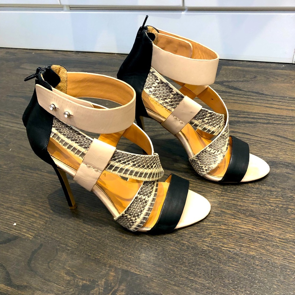 Badgley Mischka Black, Cream & Snake-Print Strappy Stilettos